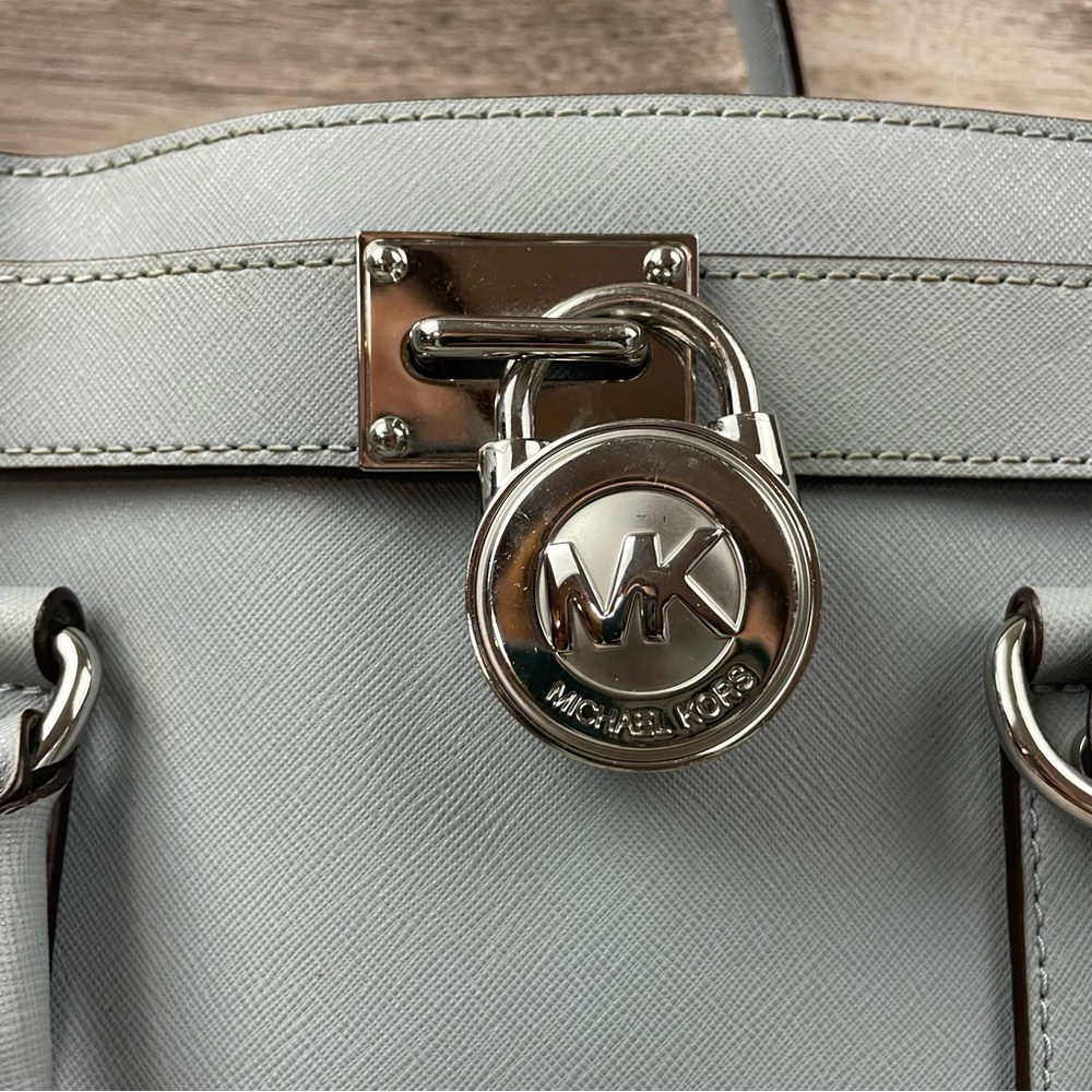 Michael Kors Hamilton Satchel Bag with Silver Chain And Lock Dusty Blue - Picture 2 of 15